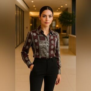 Vintage 80s Brownstone Studio NY Satin Shirt Sz 8 Bold Floral Jacquard Pattern